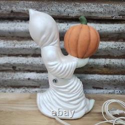 Vtg Ceramic Light Up Running Ghost with Jack O Lantern Pumpkin 12 RARE