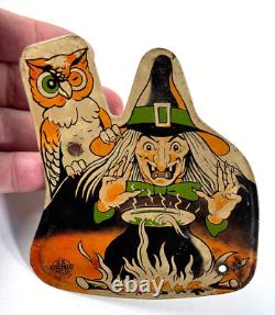 Vtg Halloween Noisemaker U. S. Metal Toy Ratchet tin litho RARE Witch