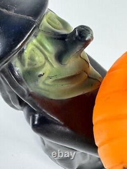 Vtg Halloween RARE Black Green Face Witch Blow Mold with Pumpkin light