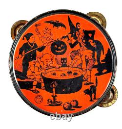 Vtg Halloween RARE J Chein Tin Litho Tambourine noisemaker TERRIFIC