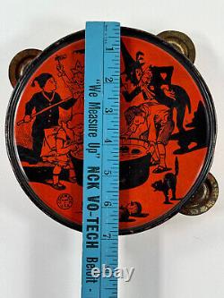 Vtg Halloween RARE J Chein Tin Litho Tambourine noisemaker TERRIFIC