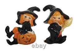 Vtg Lefton Teen Witches Pumpkin Broom Salt & Pepper Shakers HTF Rare Halloween