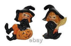 Vtg Lefton Teen Witches Pumpkin Broom Salt & Pepper Shakers HTF Rare Halloween