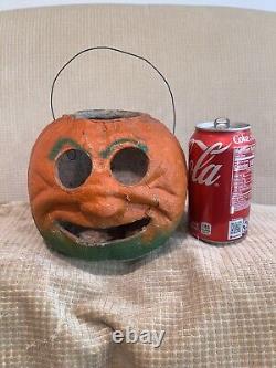 Vtg Paper Mache Unusual Rare Wide Eye Halloween Pumpkin Jack O Lantern