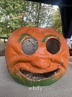 Vtg Paper Mache Unusual Rare Wide Eye Halloween Pumpkin Jack O Lantern