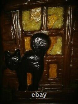 Vtg. RARE Halloween Ceramic Lighted Haunted House Cat Pumpkin Bat Witch 15T EUC