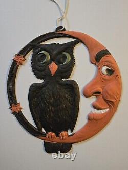 Vtg RARE Halloween German Embossed Die Cut Black Owl Moon Pressed Cardboard Exce