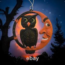 Vtg RARE Halloween German Embossed Die Cut Black Owl Moon Pressed Cardboard Exce