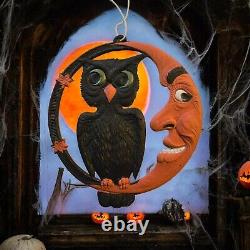 Vtg RARE Halloween German Embossed Die Cut Black Owl Moon Pressed Cardboard Exce