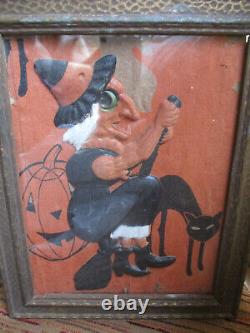 Vtg RARE Halloween German Embossed Die Cut WITCH on BROOM Pressed Cardboard Fra