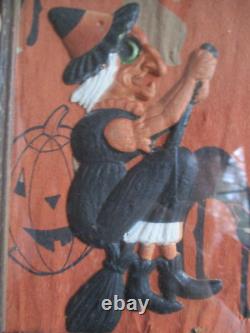 Vtg RARE Halloween German Embossed Die Cut WITCH on BROOM Pressed Cardboard Fra