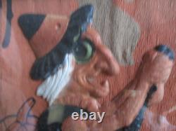 Vtg RARE Halloween German Embossed Die Cut WITCH on BROOM Pressed Cardboard Fra