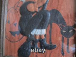 Vtg RARE Halloween German Embossed Die Cut WITCH on BROOM Pressed Cardboard Fra