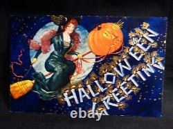 Vtg. RARE-Halloween Postcard-Beautiful Witch Riding Her Broom WithJOL Head Lights