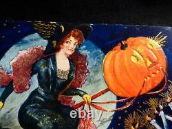 Vtg. RARE-Halloween Postcard-Beautiful Witch Riding Her Broom WithJOL Head Lights