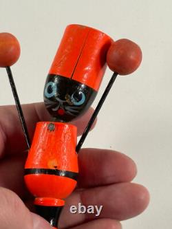 Vtg RARE Japanese Wood Halloween Black Cat Noise Maker 1950s japan