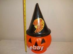 Vtg Rare Blowmold Halloween Pumpkin WithRemovable Flying Broom Witch Sticker Hat