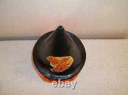 Vtg Rare Blowmold Halloween Pumpkin WithRemovable Flying Broom Witch Sticker Hat