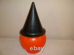 Vtg Rare Blowmold Halloween Pumpkin WithRemovable Flying Broom Witch Sticker Hat