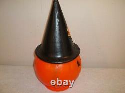 Vtg Rare Blowmold Halloween Pumpkin WithRemovable Flying Broom Witch Sticker Hat