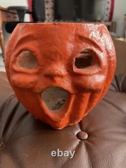 Ancien Masque en Papier Mâché Halloween Double Face Rare Citrouille Jack-O-lantern #3