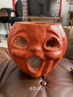Ancien Masque en Papier Mâché Halloween Double Face Rare Citrouille Jack-O-lantern #3