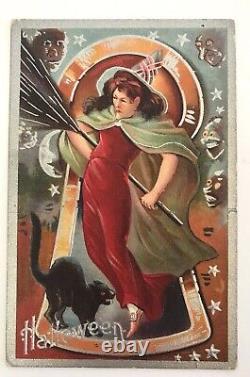Antique/Vtg 1909 Postée RARE Robe Rouge Sorcière/Chat/Fantômes Série à Trou de Serrure - Comme Neuve