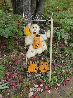 Boo Boo! Décoration de fantôme d'Halloween vintage, art populaire, rare enseigne de jardin en métal VTG