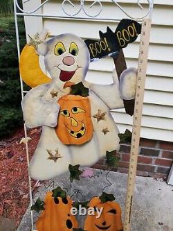 Boo Boo! Décoration de fantôme d'Halloween vintage, art populaire, rare enseigne de jardin en métal VTG