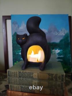 Bougeoir en terre cuite noir en forme de chat vintage rare pour Halloween
