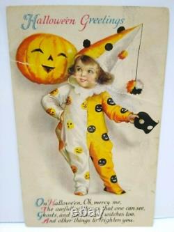 Carte Postale d'Halloween Ellen Clapsaddle Série de Loups 31 Petite Fille Clown Vintage RARE