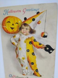 Carte Postale d'Halloween Ellen Clapsaddle Série de Loups 31 Petite Fille Clown Vintage RARE
