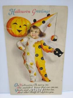 Carte Postale d'Halloween Ellen Clapsaddle Série de Loups 31 Petite Fille Clown Vintage RARE