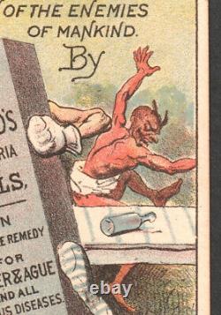 Carte de commerce victorienne rare du 19ème siècle avec une bouteille de boxe contre le diable démon du paludisme.