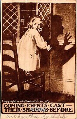 Carte postale d'Halloween ancienne sépia de 1908 effrayant petit enfant et sorcière (RARE)