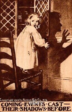 Carte postale d'Halloween ancienne sépia de 1908 effrayant petit enfant et sorcière (RARE)