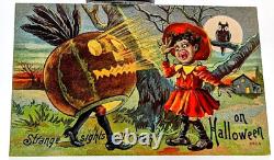 Carte postale vintage Halloween rare enfant noir JOL blague, hibou pleine lune #6505