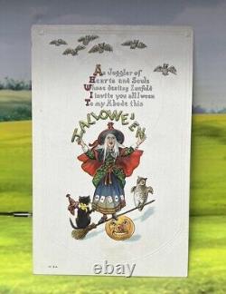 Carte postale vintage RARE Couverture Sorcière - Citrouille, hibou, chat et balai Halloween