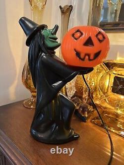 Décoration Lumineuse RARE en Plastique Soufflé de Citrouille de Sorcière Noire avec Visage Vert des Années 1960