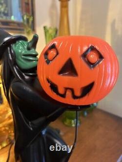 Décoration Lumineuse RARE en Plastique Soufflé de Citrouille de Sorcière Noire avec Visage Vert des Années 1960