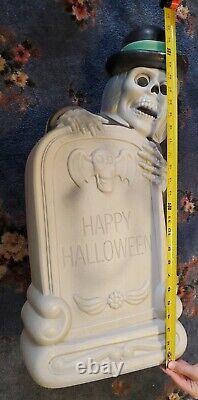 Décoration de moule à souffler en forme de pierre tombale rare, vintage et joyeux Halloween avec squelette et chapeau haut-de-forme