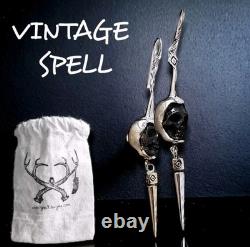 Designs de sorts vintage TRÈS RARES Boucles d'oreilles gothiques en forme de crâne noir et en argent pour Halloween