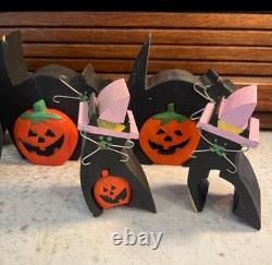 Ensemble de Chats et Citrouilles en Bois Vintage Rares pour Halloween 13pcs Silver Whiskers