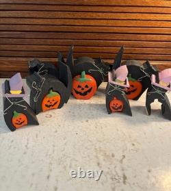 Ensemble de Chats et Citrouilles en Bois Vintage Rares pour Halloween 13pcs Silver Whiskers