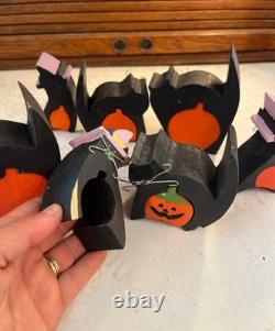 Ensemble de Chats et Citrouilles en Bois Vintage Rares pour Halloween 13pcs Silver Whiskers
