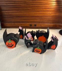 Ensemble de Chats et Citrouilles en Bois Vintage Rares pour Halloween 13pcs Silver Whiskers