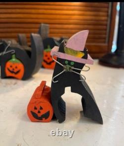 Ensemble de Chats et Citrouilles en Bois Vintage Rares pour Halloween 13pcs Silver Whiskers