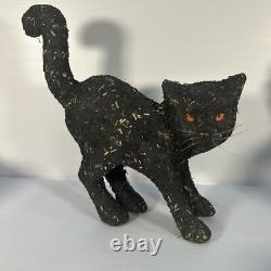 Extrêmement rare. Chat noir en papier mâché vintage d'Halloween. Chat hurlant.