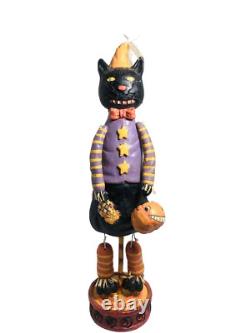 Figurine d'art populaire d'Halloween en bois de chat noir vintage rare Mark Roberts mesurant 16 pouces de hauteur
