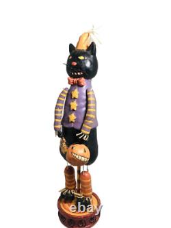Figurine d'art populaire d'Halloween en bois de chat noir vintage rare Mark Roberts mesurant 16 pouces de hauteur